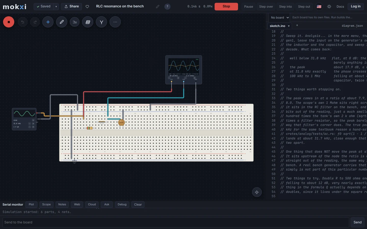 The Mokxi editor running an RLC circuit on the bench, with a signal generator driving it and an oscilloscope showing the input and the output.