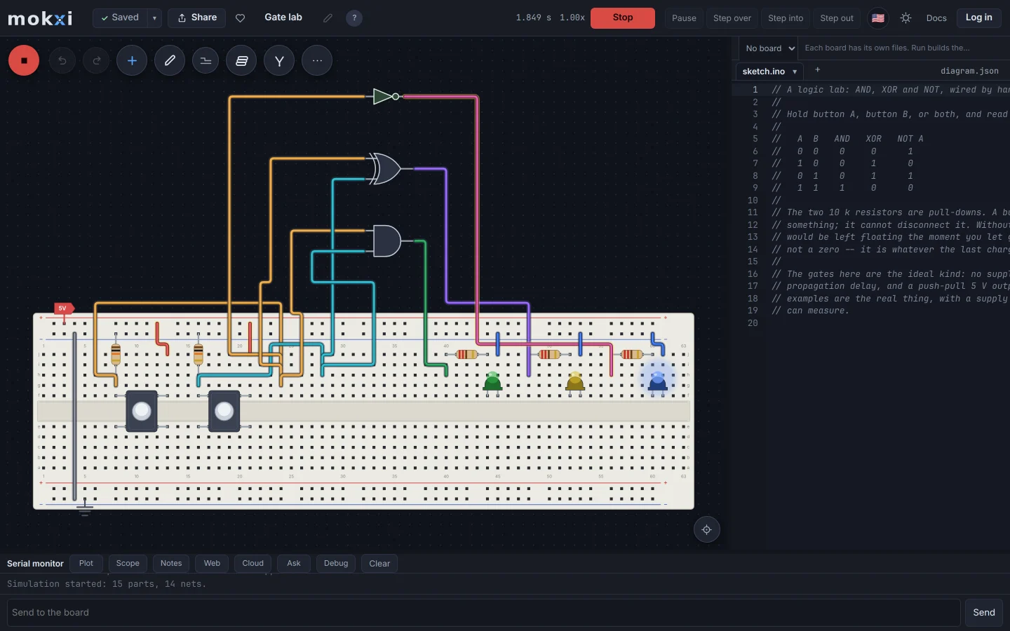 The Mokxi editor running a digital logic circuit: two buttons driving an AND, an XOR and a NOT gate.