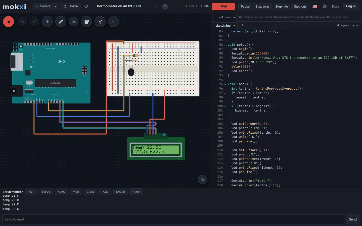 The Mokxi editor running an Arduino Uno thermometer, with the I2C LCD showing the temperature and the sketch open beside the wired breadboard.