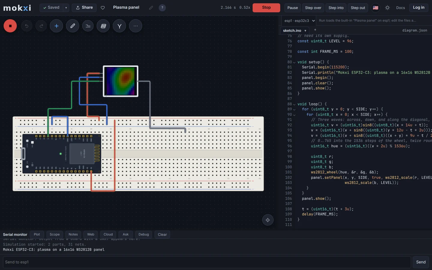 The Mokxi editor running an ESP32-C3 that drives a 16 by 16 WS2812 LED panel, with the sketch open beside the wired board.